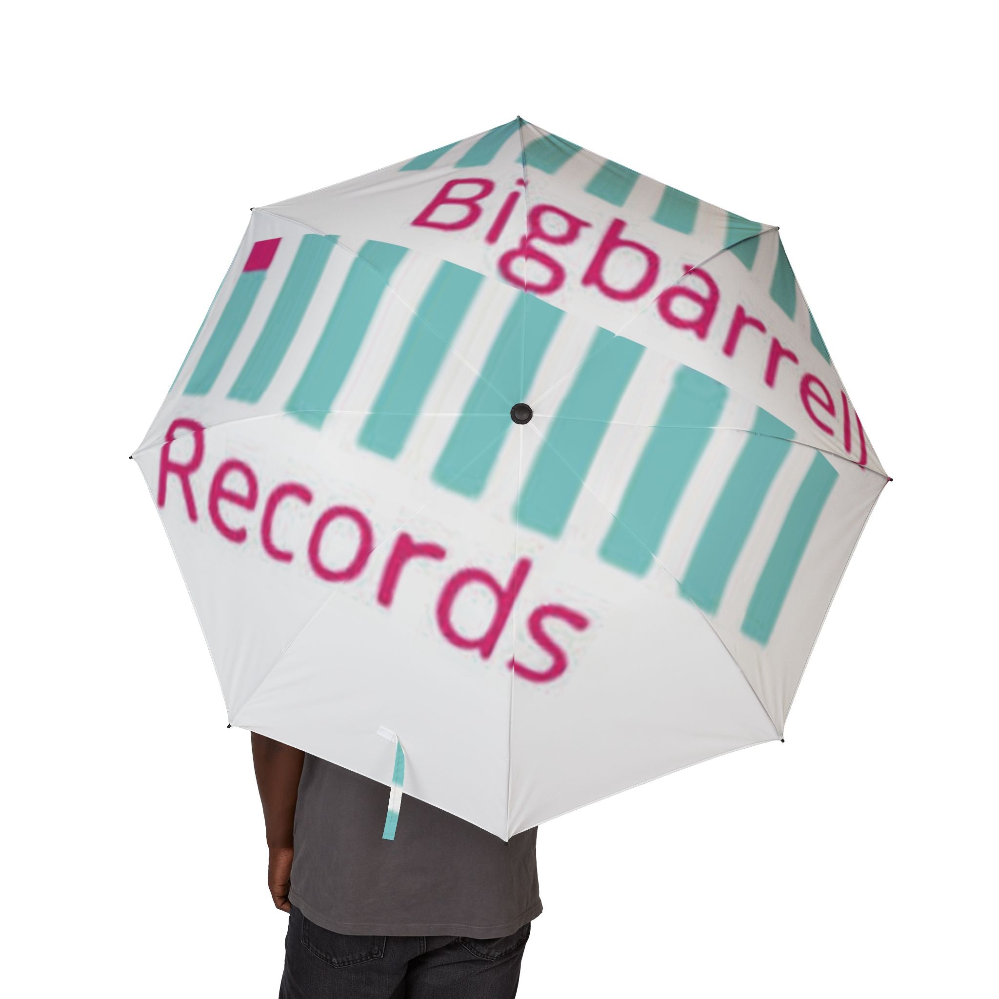 Foldable Semi-Automatic Umbrella — Teal Stripes & "Big Barrell Records" Logo