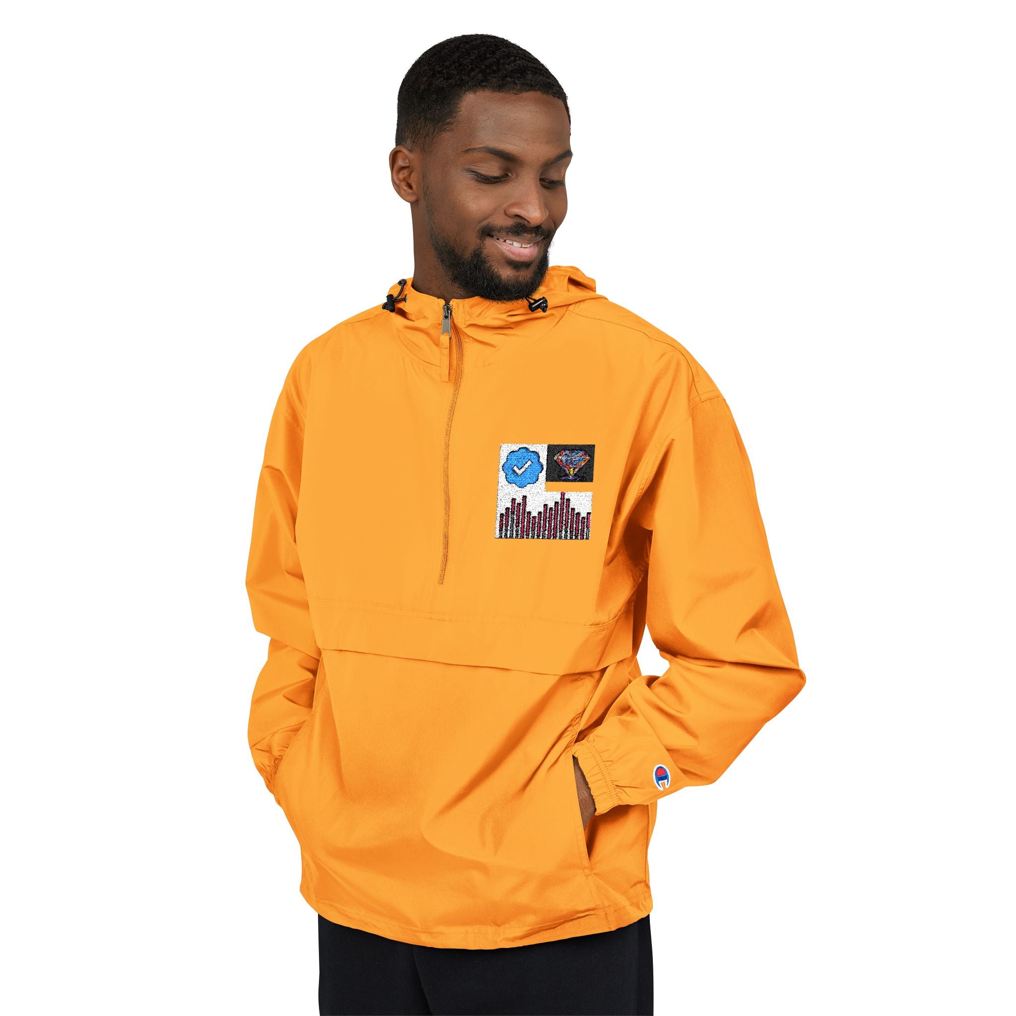 Orange Packable Anorak Jacket with Floral Patch — Lightweight Hooded Windbreaker