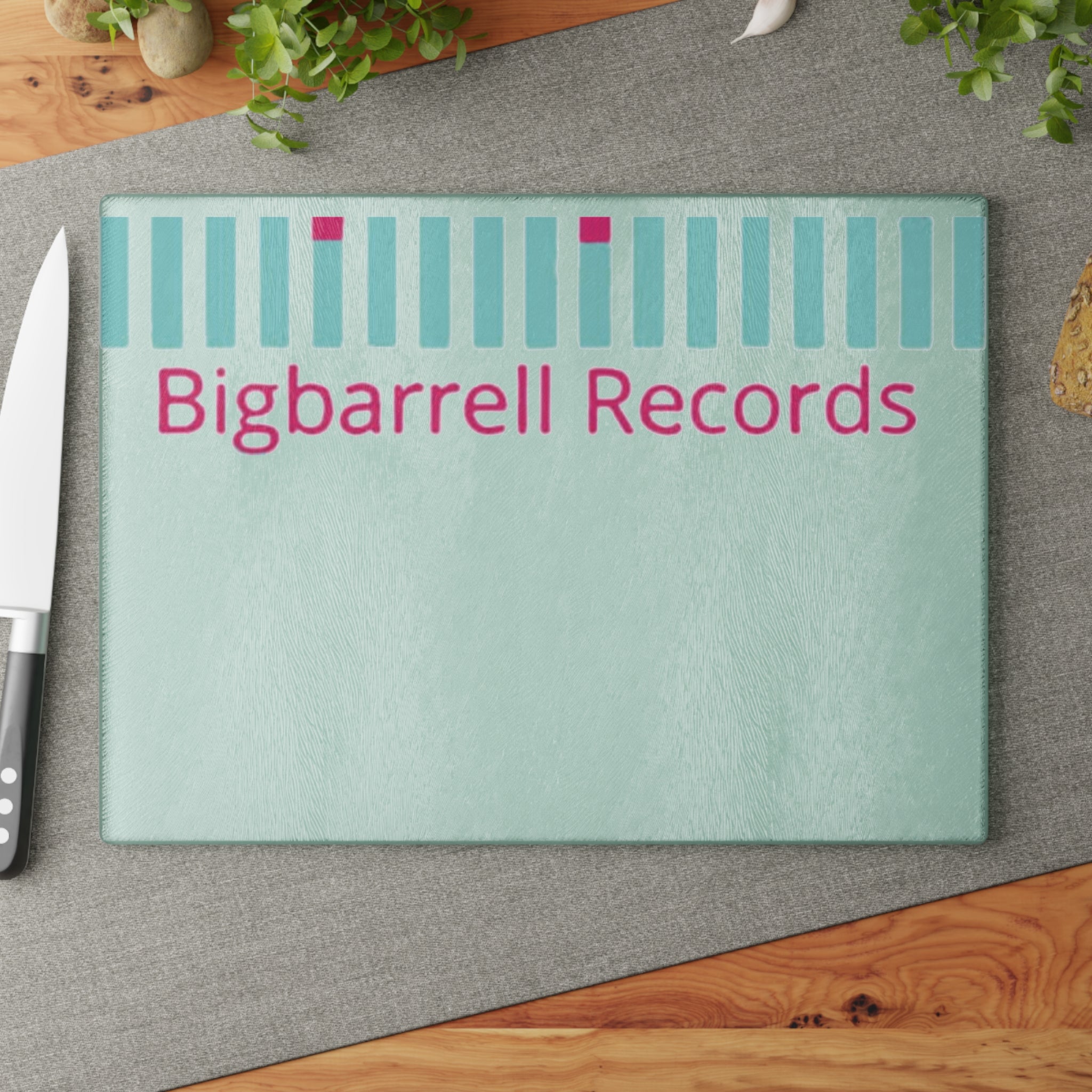 Glass Cutting Board - Bigbarrell Records Design (Retro Mint & Pink)