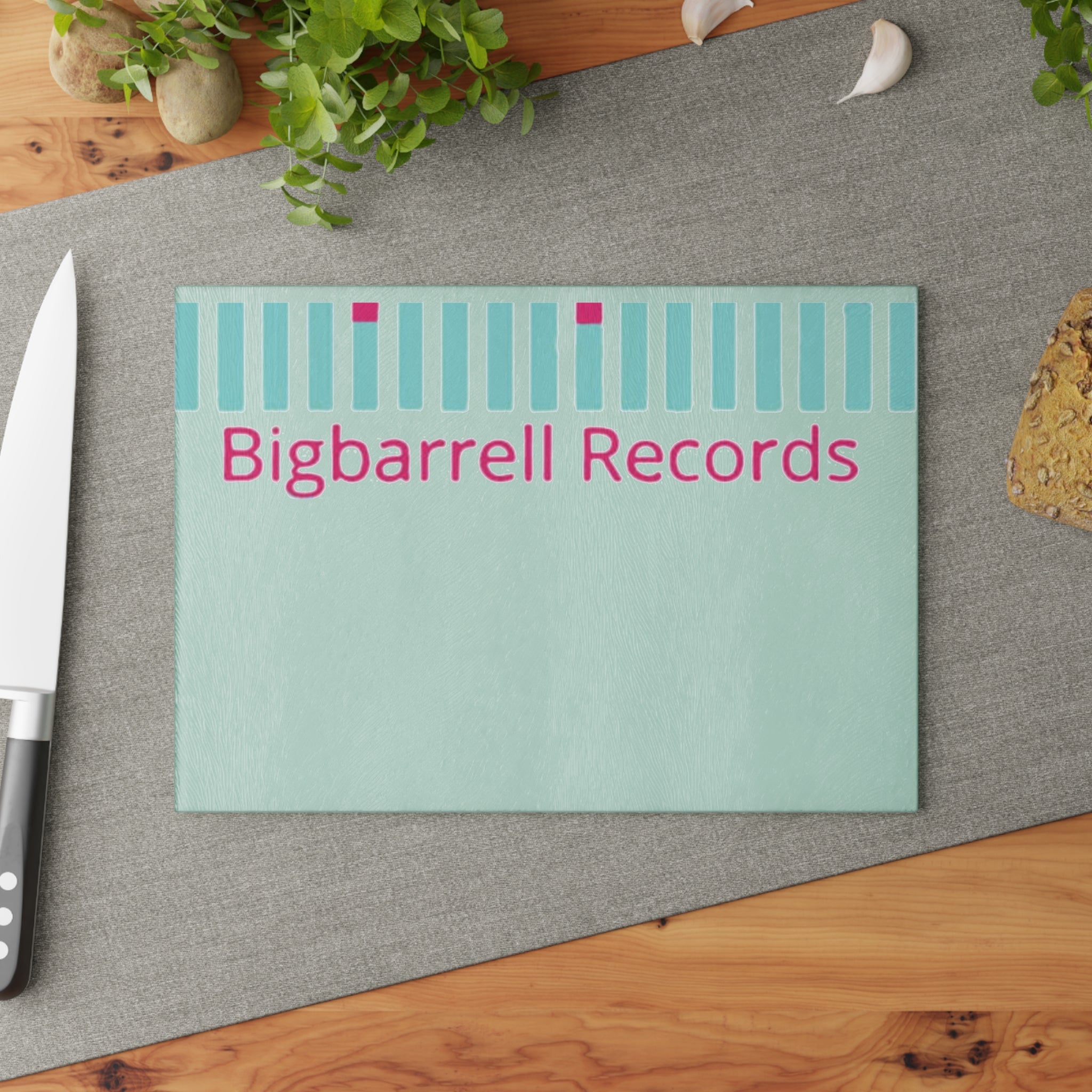 Glass Cutting Board - Bigbarrell Records Design (Retro Mint & Pink)
