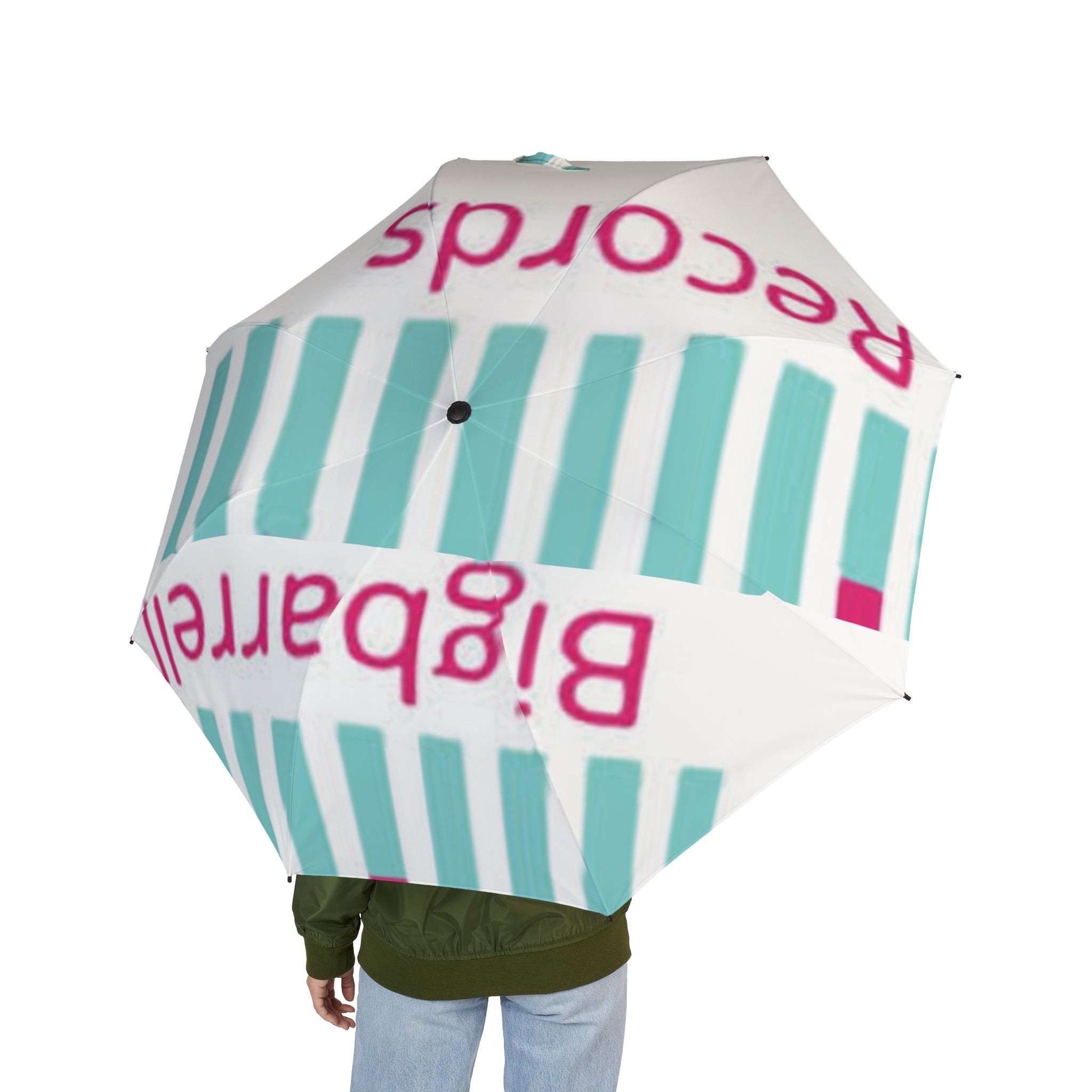 Foldable Semi-Automatic Umbrella — Teal Stripes & "Big Barrell Records" Logo