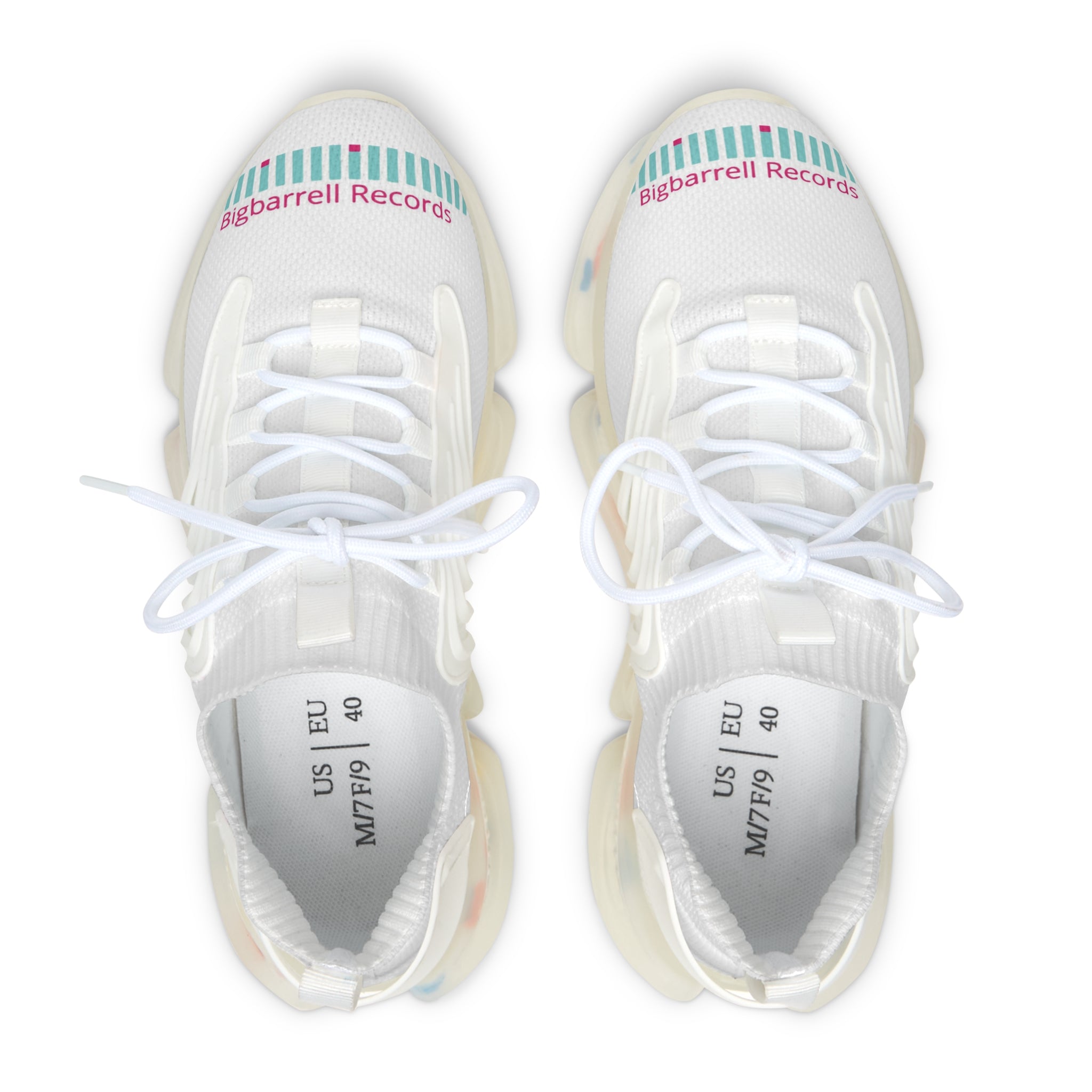 Women's Mesh Sneakers — Lightweight White Knit Athletic Shoes with Colorful Sole & 'BigBarrell Records' Accent