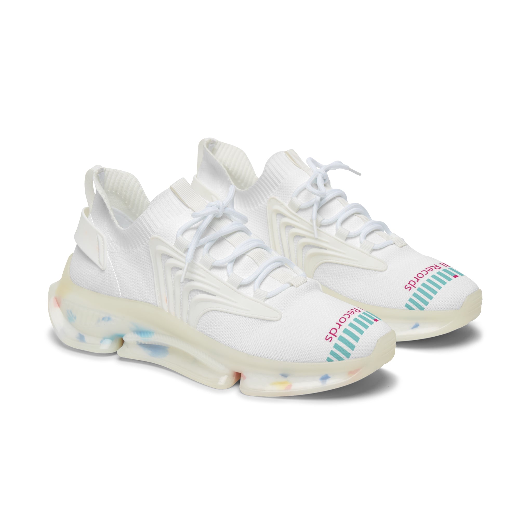 Women's Mesh Sneakers — Lightweight White Knit Athletic Shoes with Colorful Sole & 'BigBarrell Records' Accent